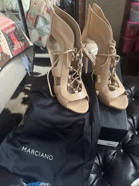 Marciano Beige Lace-Up Peep-Toe Stiletto Sandals
